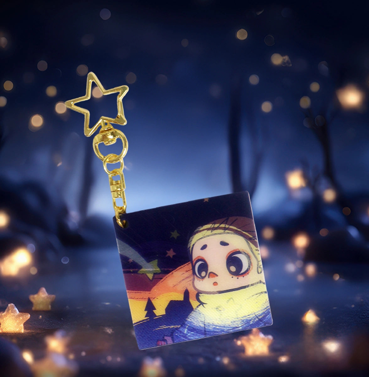 Fireworks and Meteors NOOK lenticular keychain glowing among fireflies on a dreamy night backdrop
