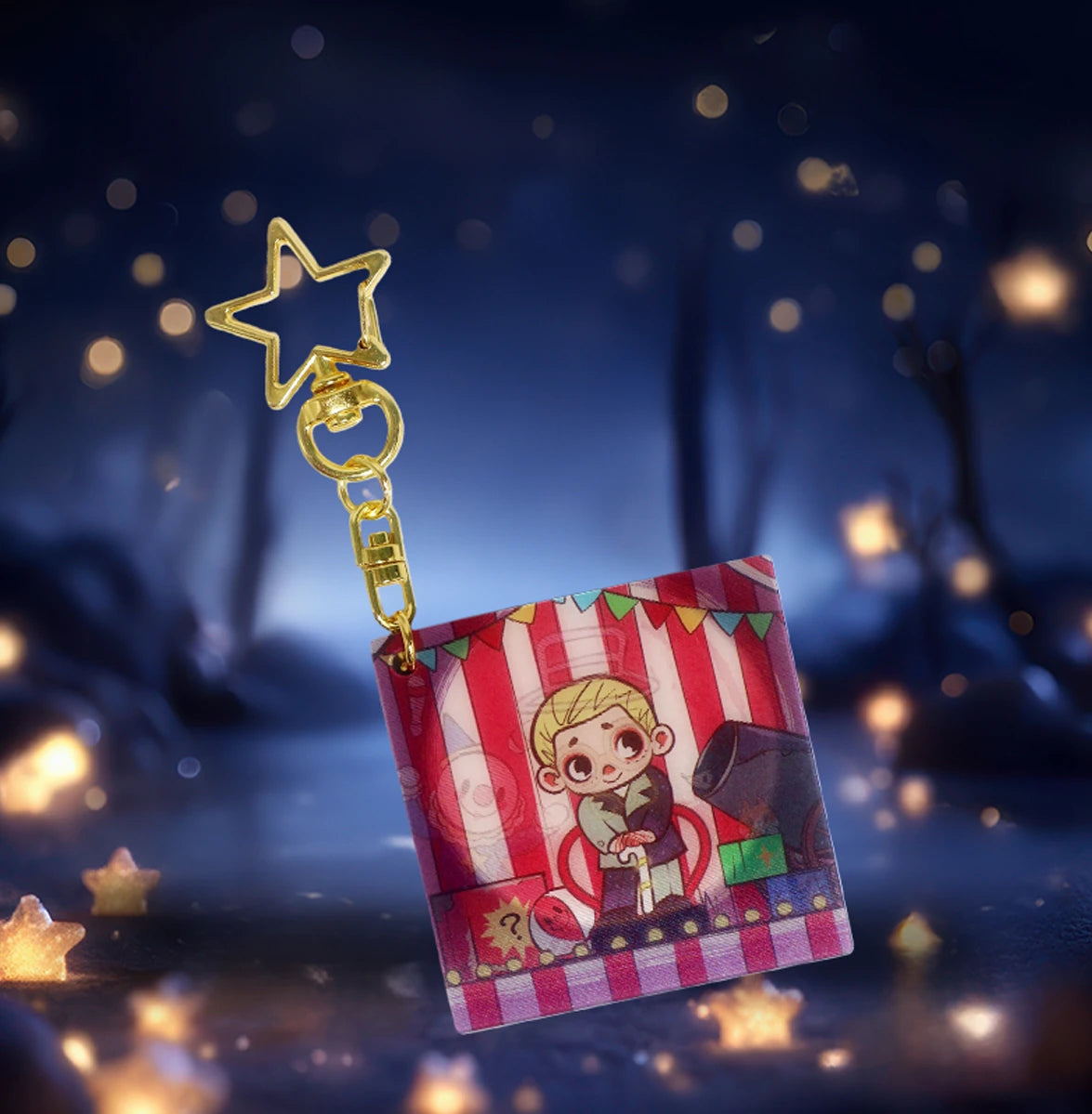 Catch the Starlight NOOK lenticular keychain showing a figure with a gift on a striped carnival backdrop
