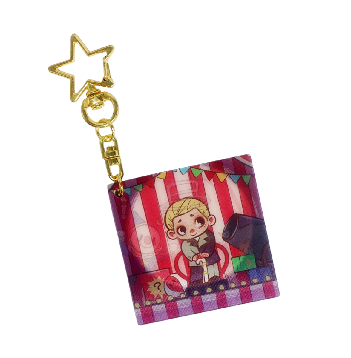 Catch the Starlight Neon Artist keychain, NOOK figure with gift on striped carnival backdrop, by 52TOYS