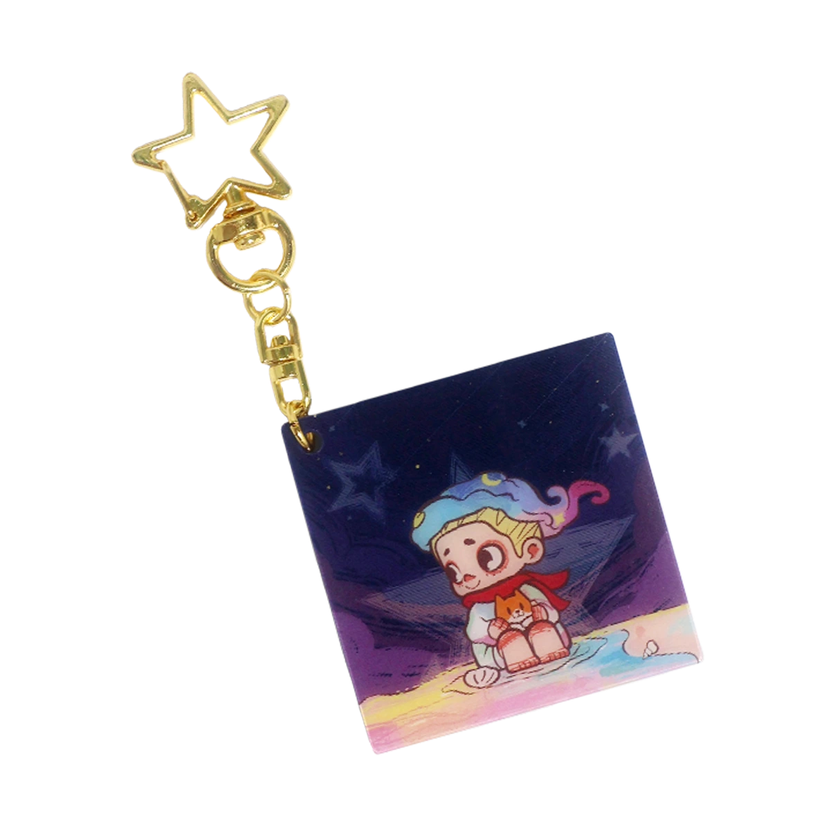 Sea of Stars lenticular keychain, caped NOOK figure in party hat among stars on gold chain, by 52TOYS