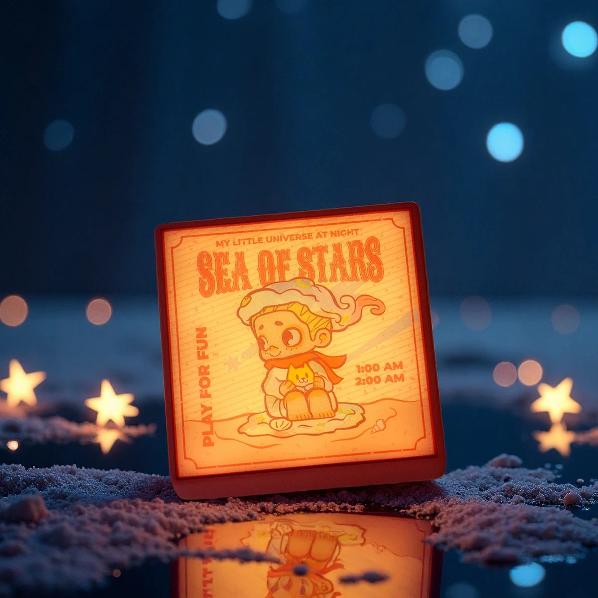 Sea of Stars square magnet glowing with caped child on snow, NOOK Night Series
