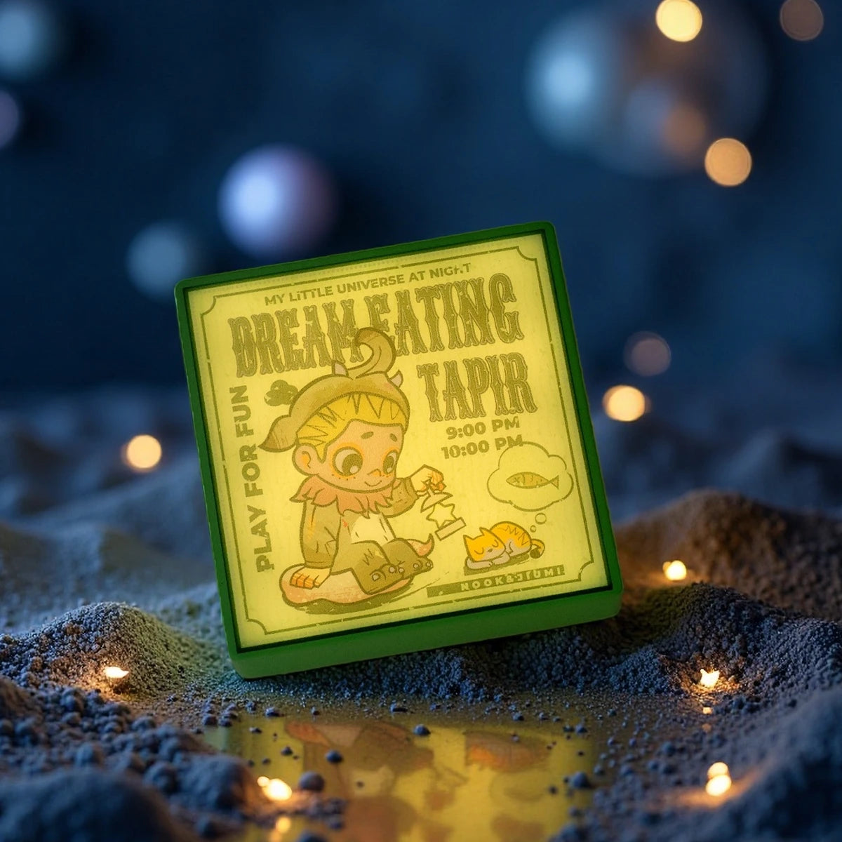 Dream Eating Tapir green square magnet glowing with child and tapir, NOOK Night Series