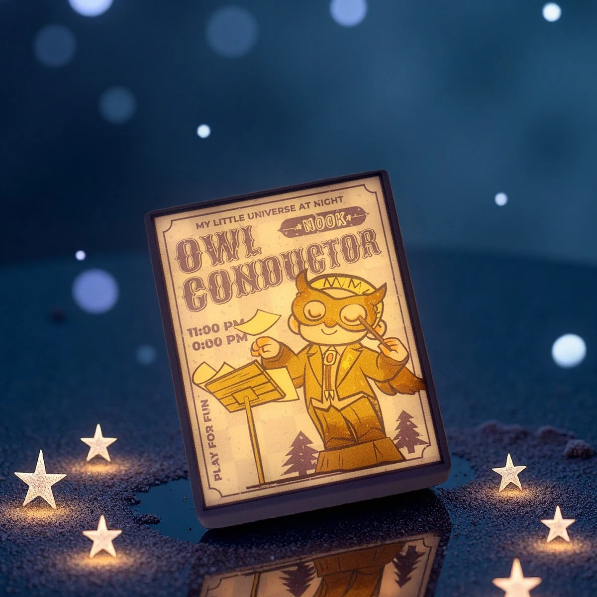 Owl Conductor magnet glowing with conductor figure and owl among pines, NOOK Night Series