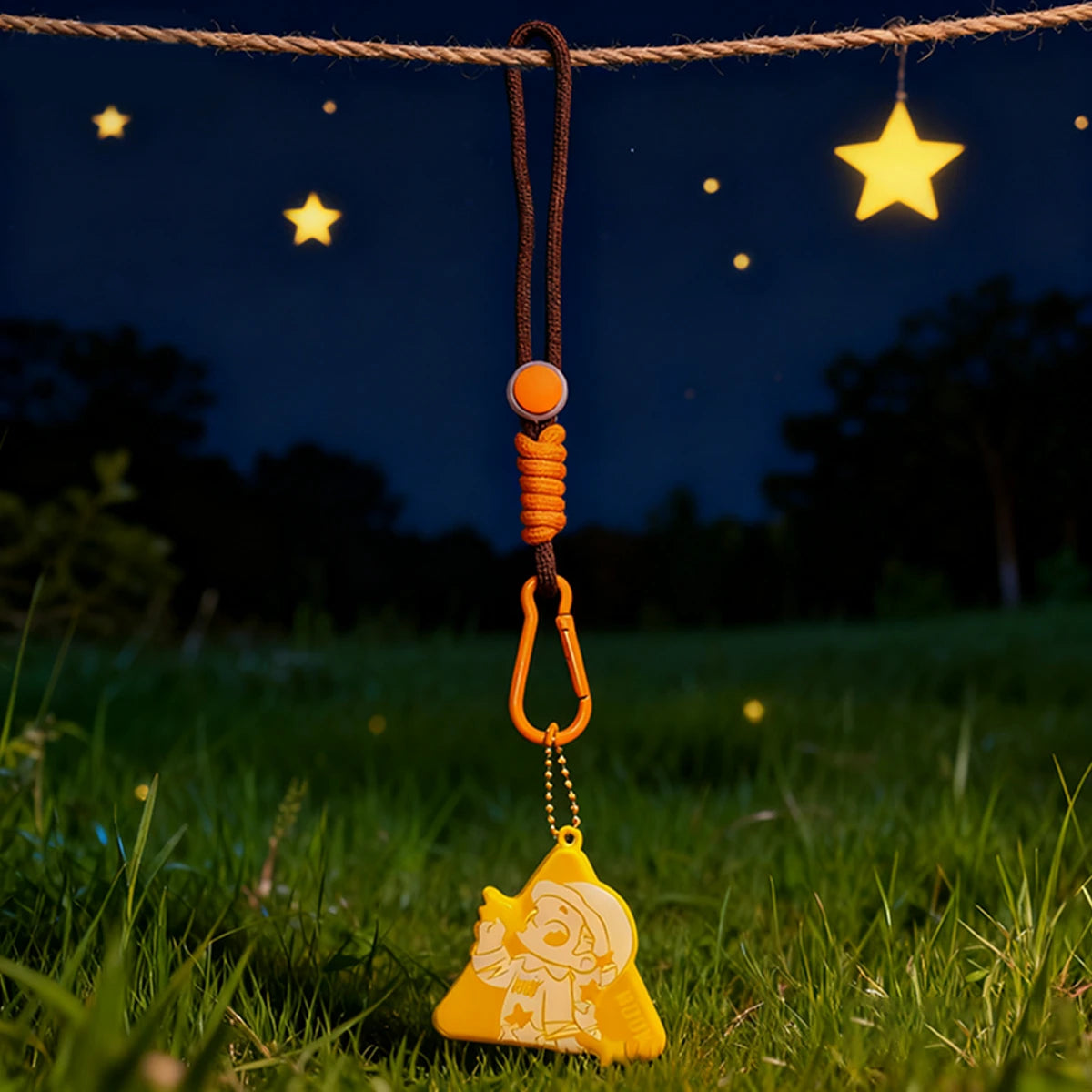 Orange Triangle reflective pendant glowing on a brown strap at night, NOOK Night Series