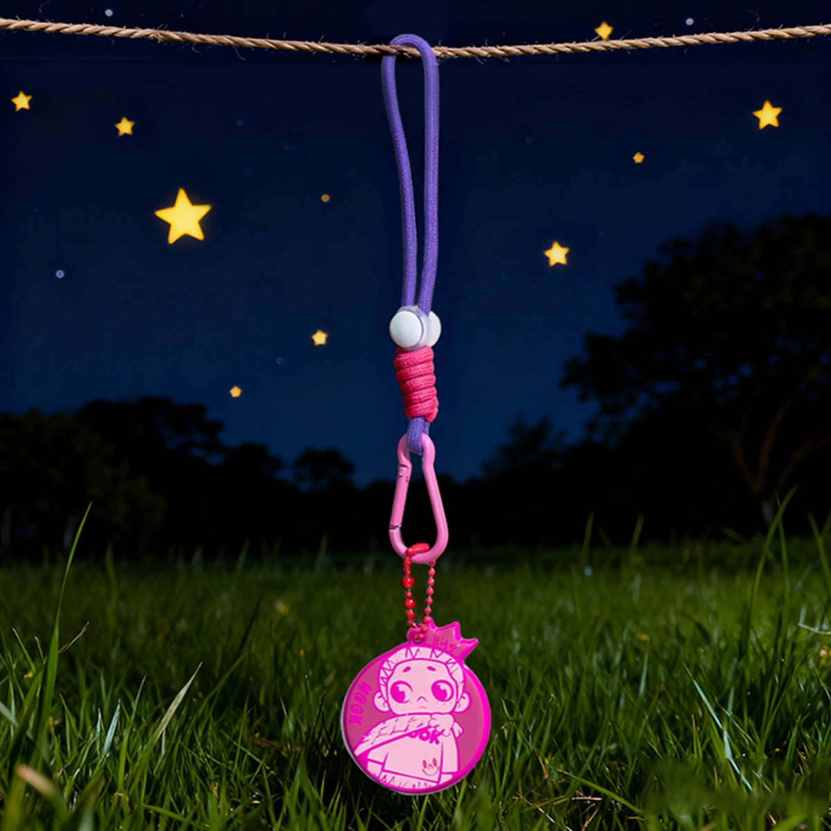 Pink Circle reflective pendant with a small girl figure on a purple strap, NOOK Night Series