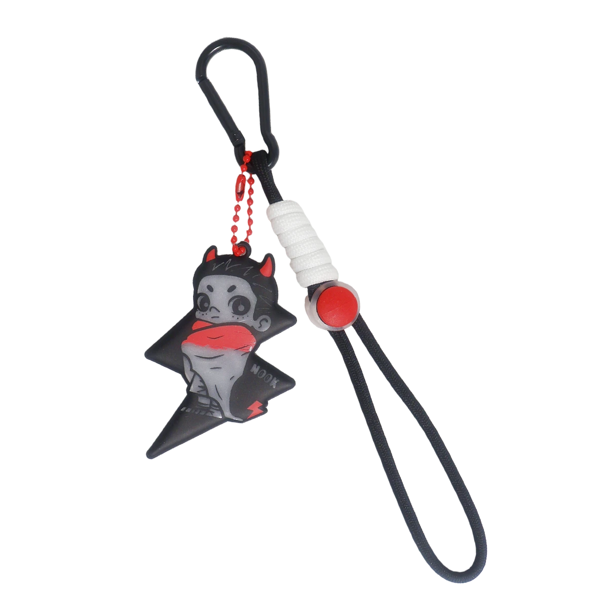 Secret Black star reflective pendant of a caped figure on a black strap with red bead, NOOK Night Series by 52TOYS