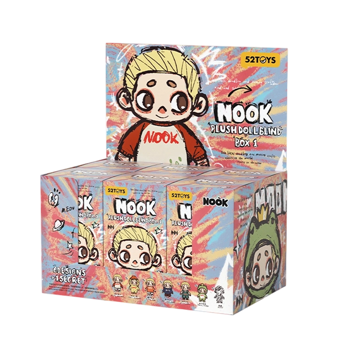 NOOK OOTD Plush Doll Blind Box full display case with six boxes and illustrated header card