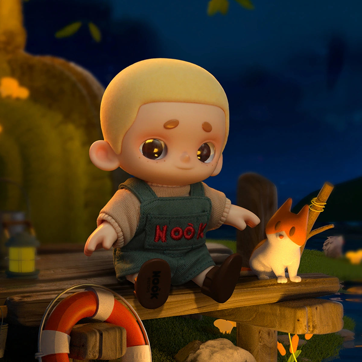 Orange Soda NOOK plush in an orange NOOK tee and white shorts outdoors, NOOK OOTD