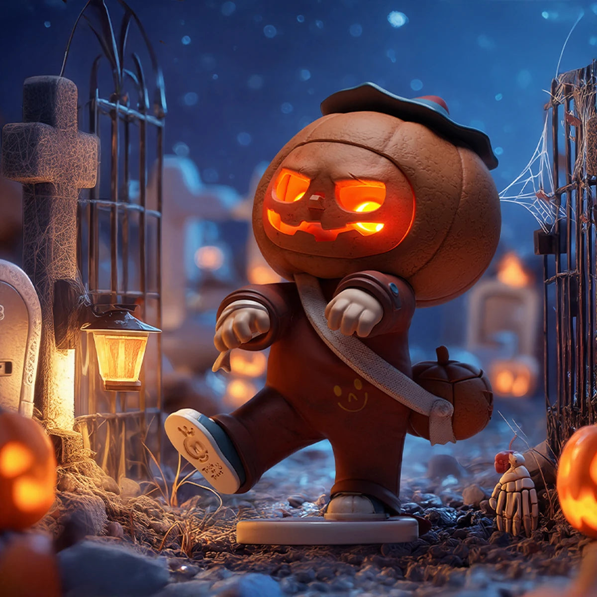 Pumpkin Mischief NOOK with glowing-orange pumpkin face strolling through a moonlit graveyard, 150% limited edition