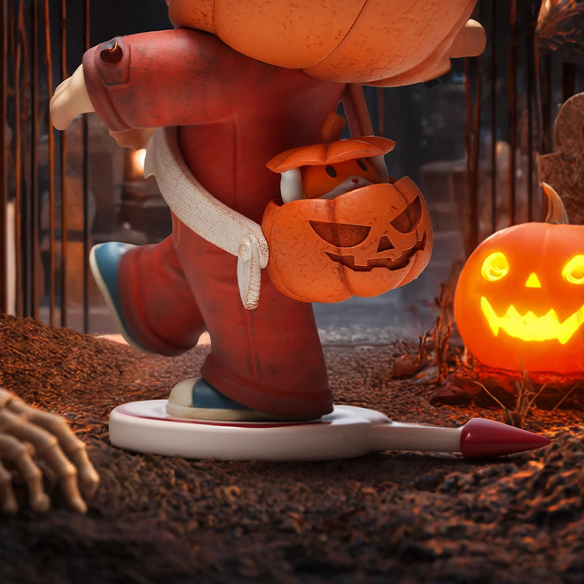 Pumpkin Mischief NOOK's pumpkin backpack popping out a JIUMI lollipop in a Halloween scene
