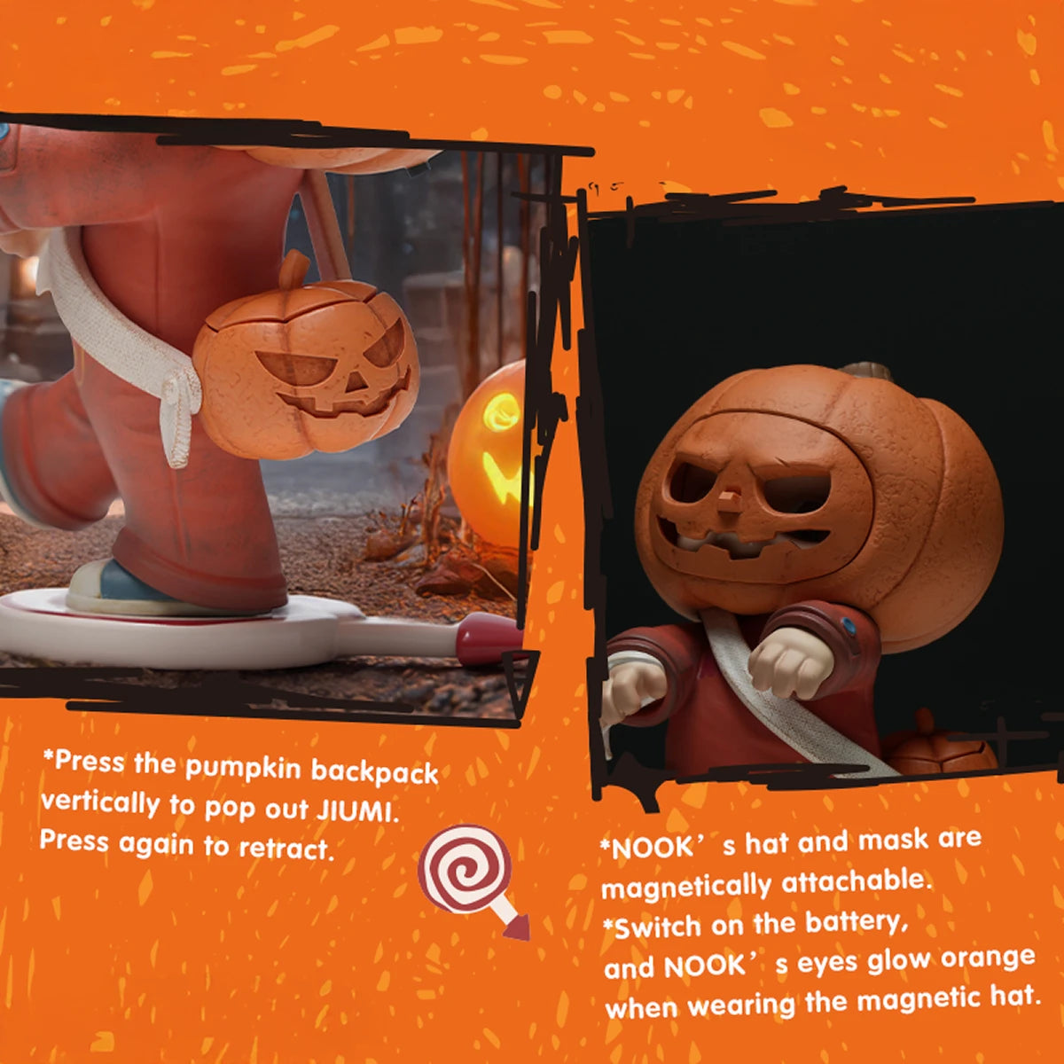 Pumpkin Mischief NOOK features: pop-out pumpkin backpack lollipop and magnetic glowing pumpkin mask, 150% edition