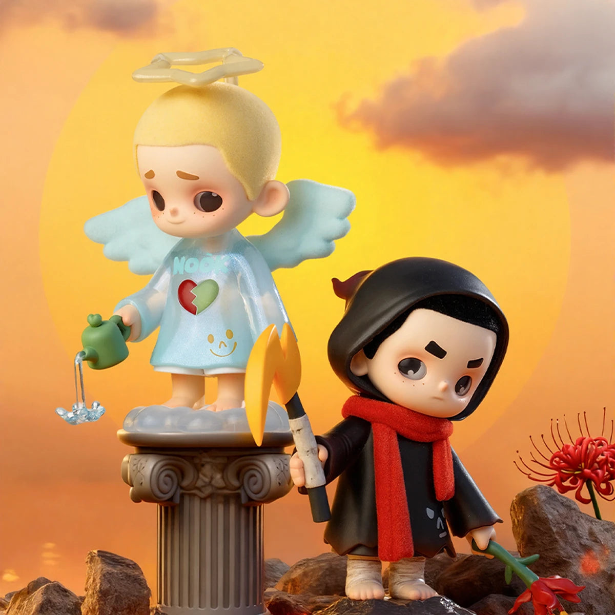 SEEK devil in a black hooded cloak with red scarf, holding an axe and red spider-lily, Angel vs Devil edition