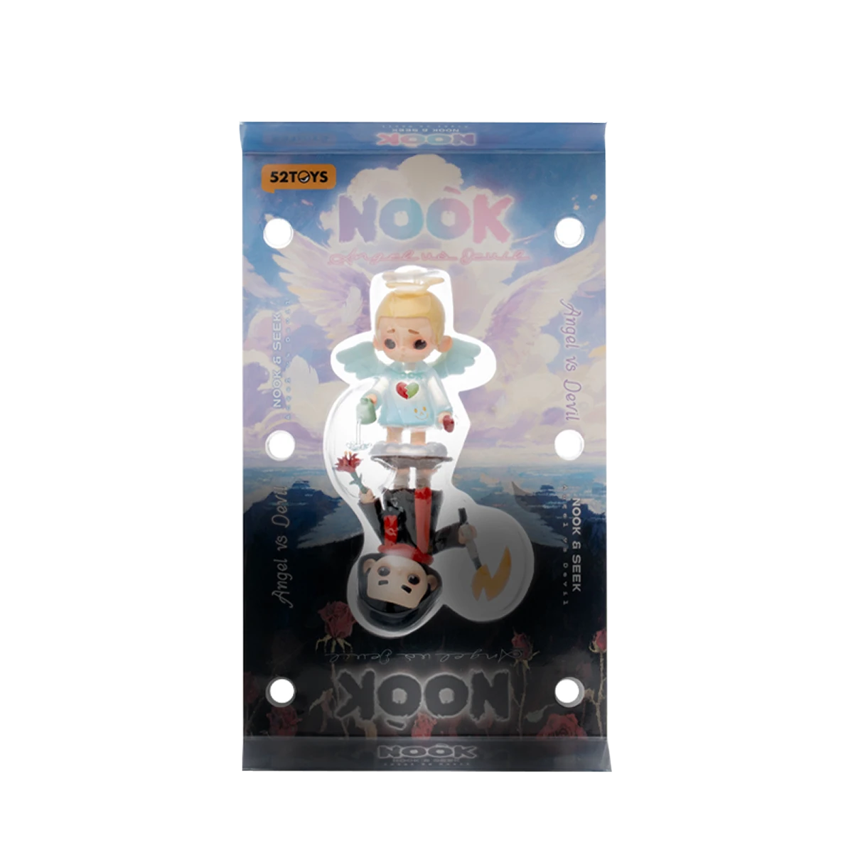 NOOK angel and SEEK devil limited-edition figures displayed in a clear acrylic presentation case