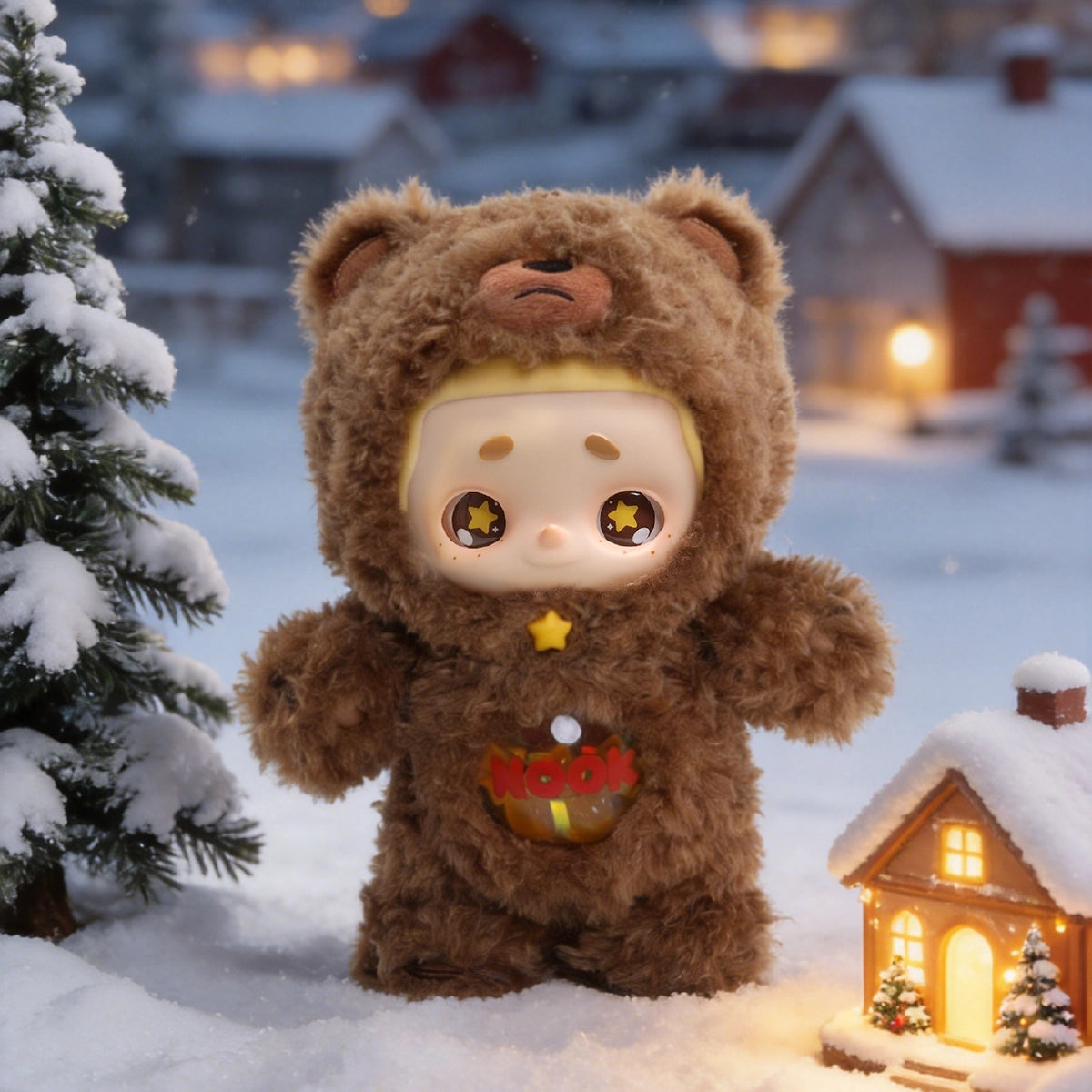 NOOK Star Keeper Bear vinyl plush beside a lit miniature house in a snowy village