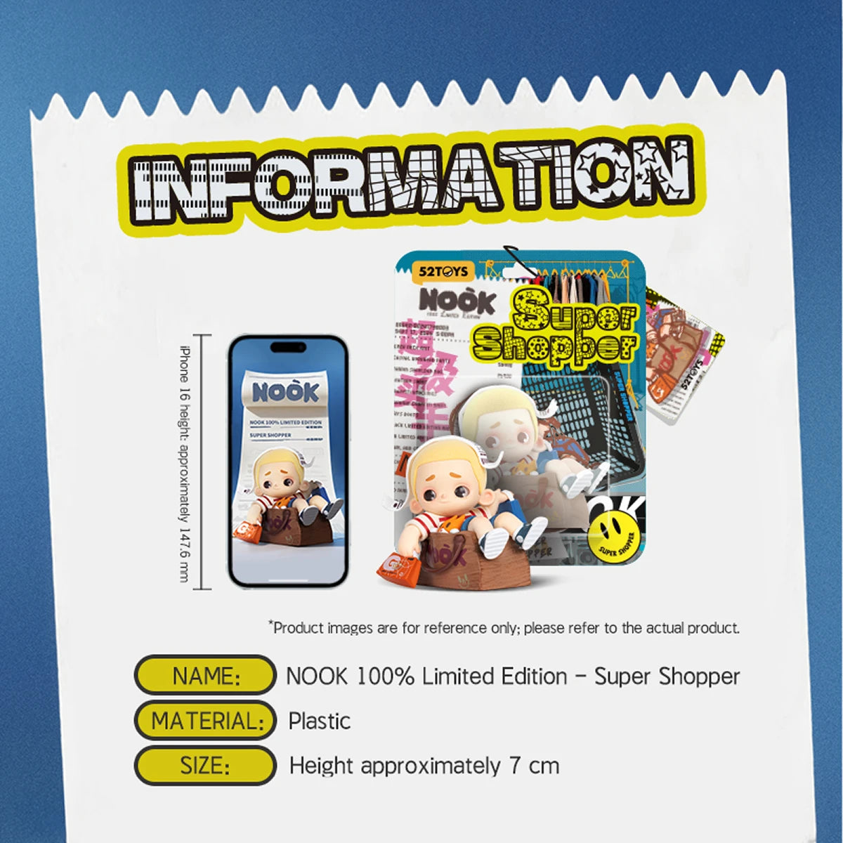 NOOK Super Shopper 100% Limited Edition info card with name, material and 7cm size