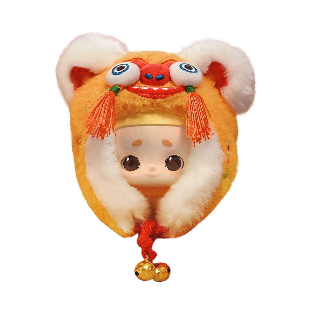 Orange NOOK tiger-head hat plush charm with white fur trim, tassels, and gold bells