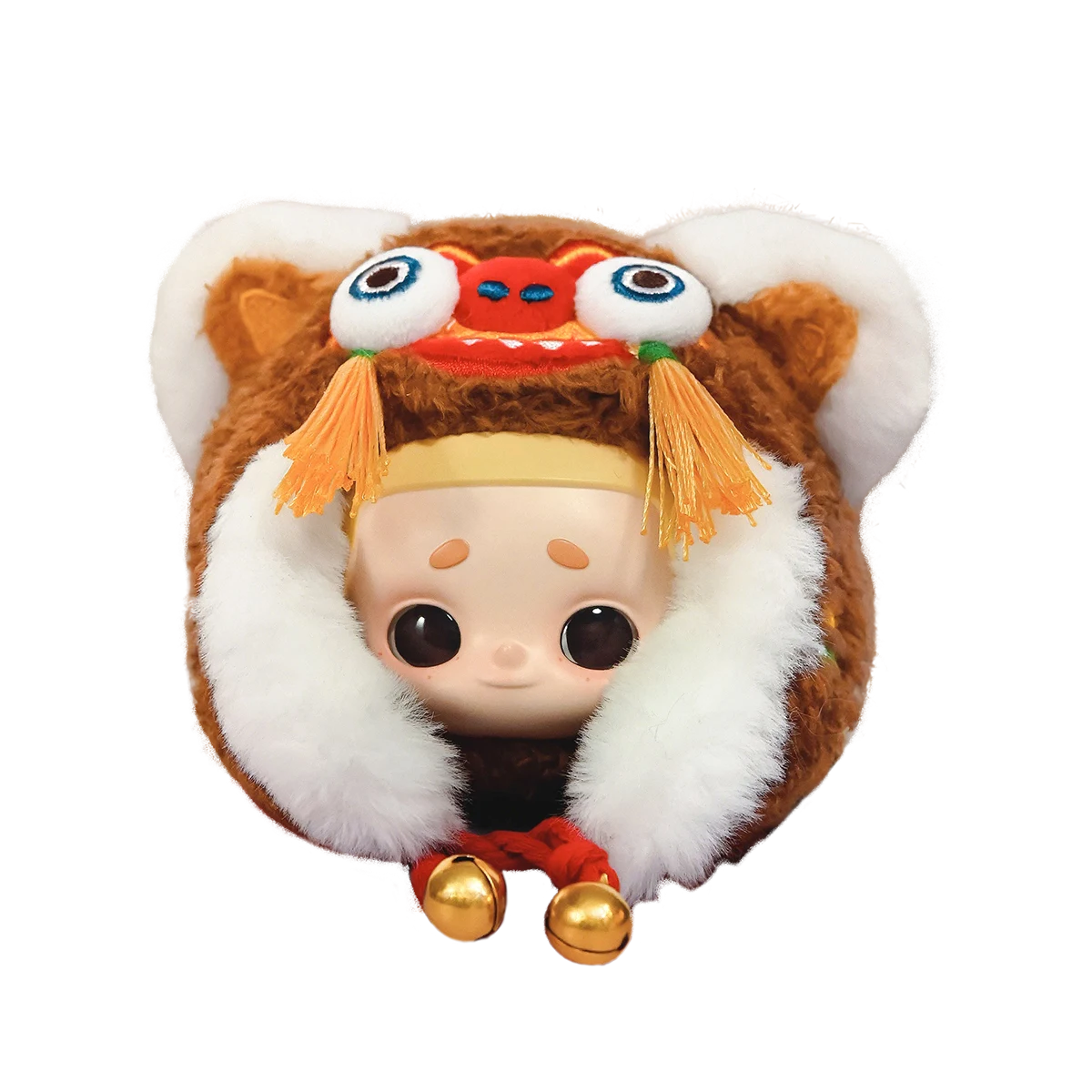 Brown NOOK tiger-head hat plush charm with white fur trim and gold bells
