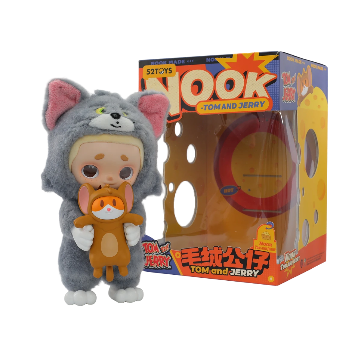 NOOK wearing a Tom costume and holding a Jerry plush beside the Tom and Jerry retail box