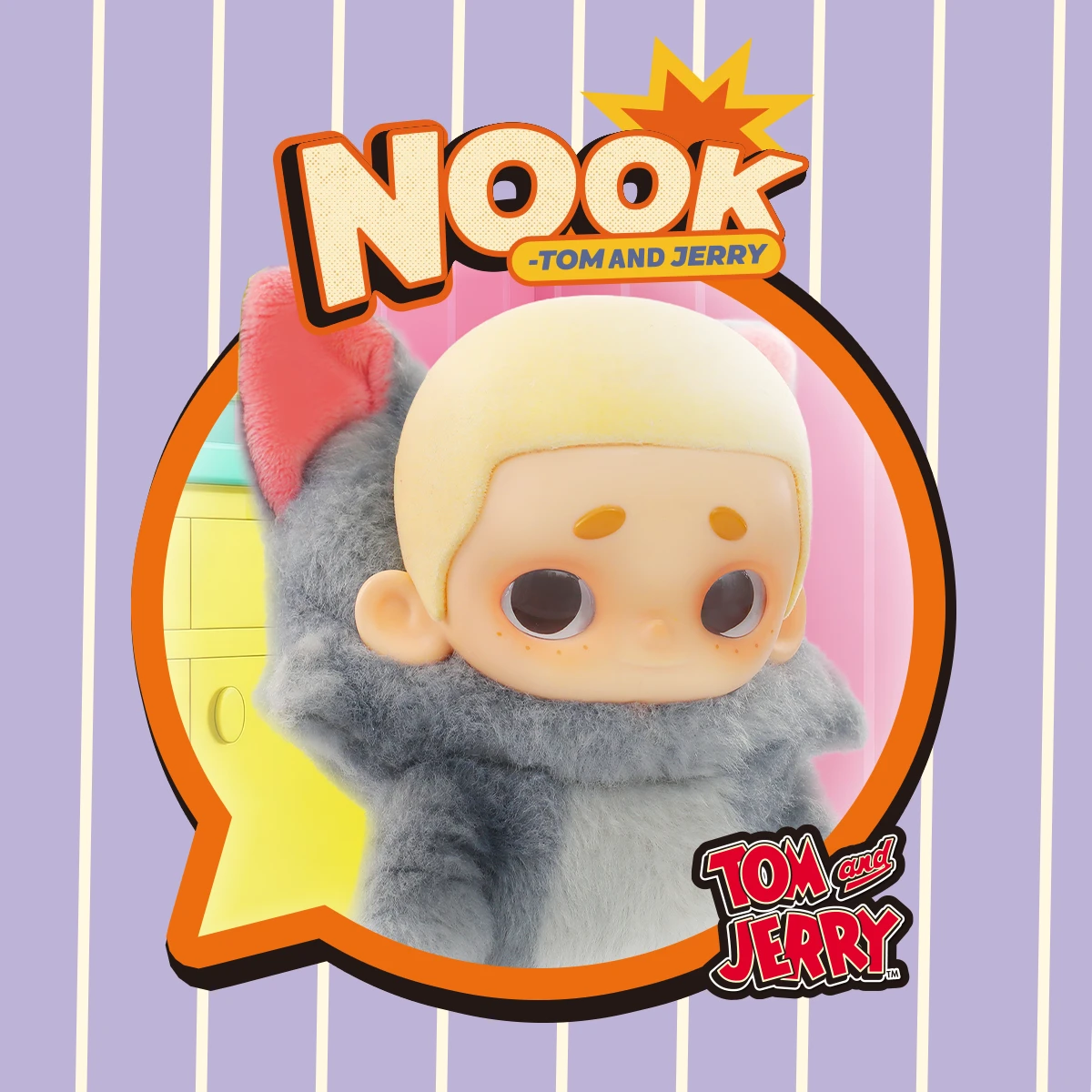 Close-up of the Nook doll's face inside the fuzzy gray Tom cat hood, Nook x Tom and Jerry