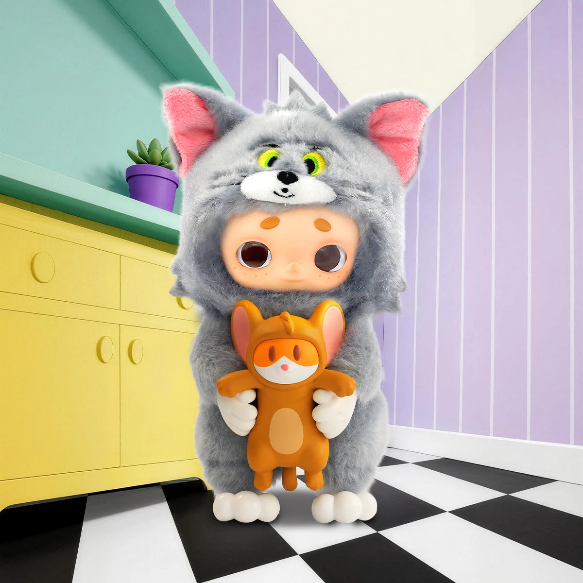 Nook in gray Tom cat costume holding the orange Jerry mouse in a checkered kitchen, Nook x Tom and Jerry