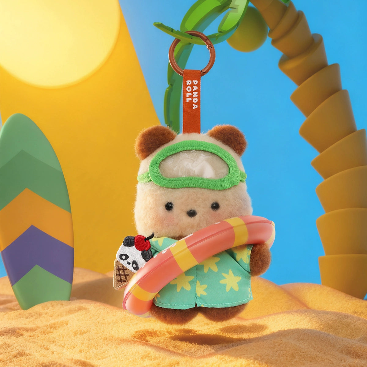 Panda Tanned secret plush charm in green swim goggles and floral shirt with swim ring at the beach, Panda Roll