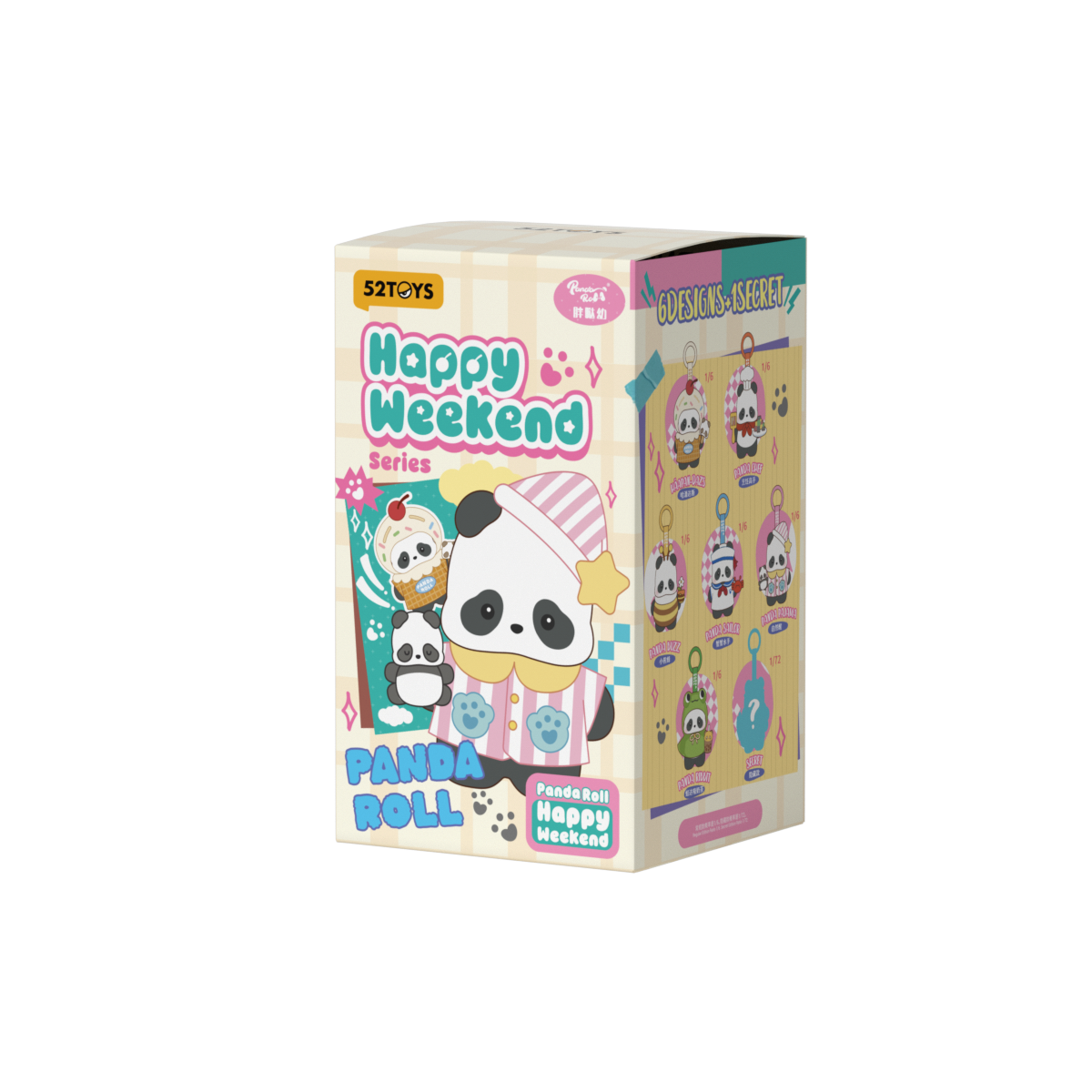 Panda Roll Happy Weekend blind box packaging showing the cozy weekend plush charm lineup