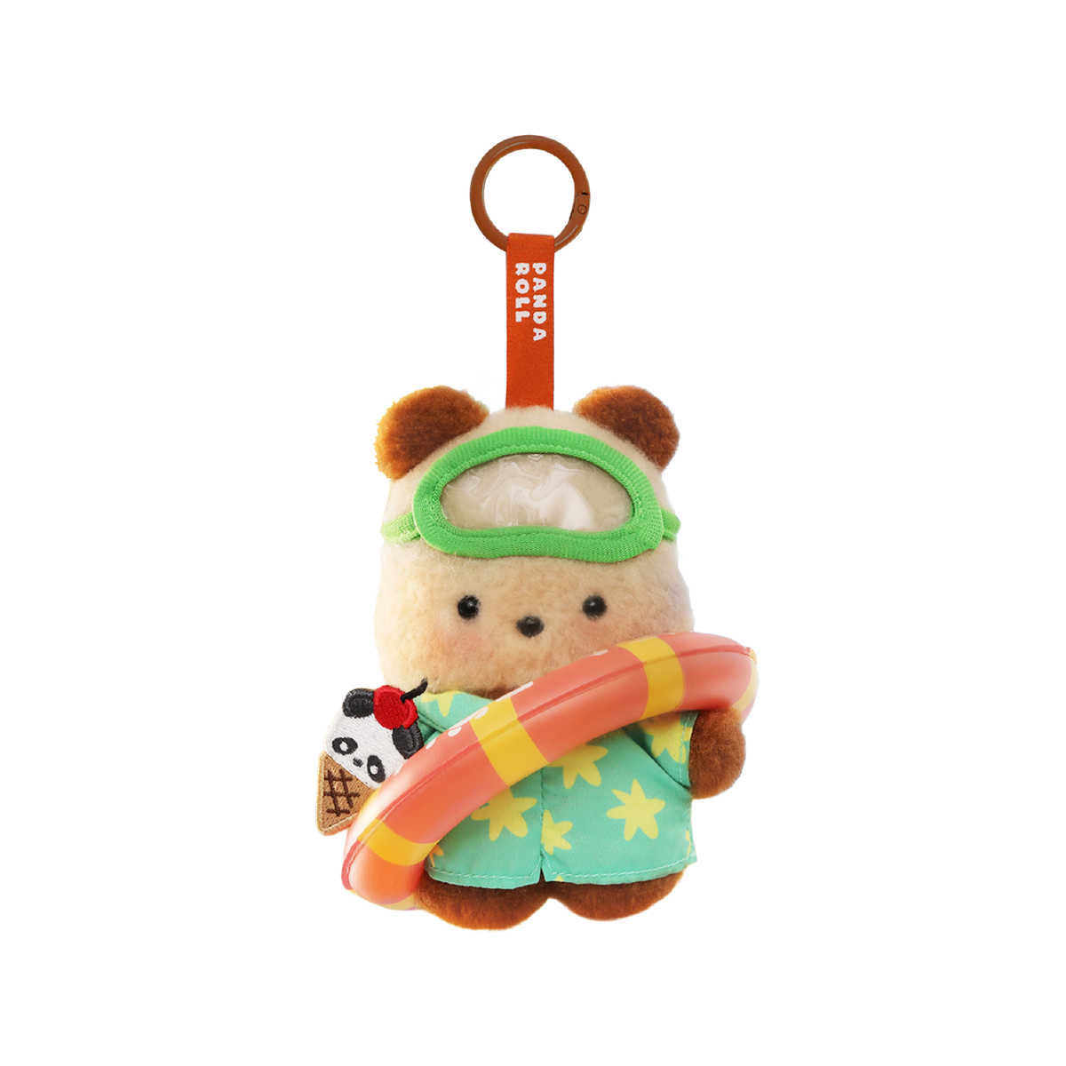 Panda Tanned secret plush charm in swim goggles, floral shirt and orange swim ring, Panda Roll Happy Weekend