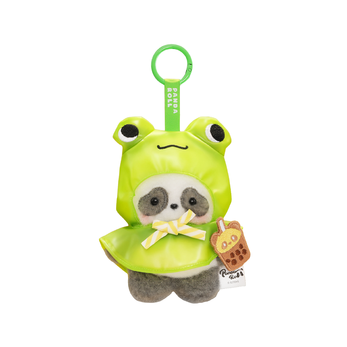 Panda Ribbit plush charm in green frog raincoat with yellow bow holding boba tea, Panda Roll Happy Weekend
