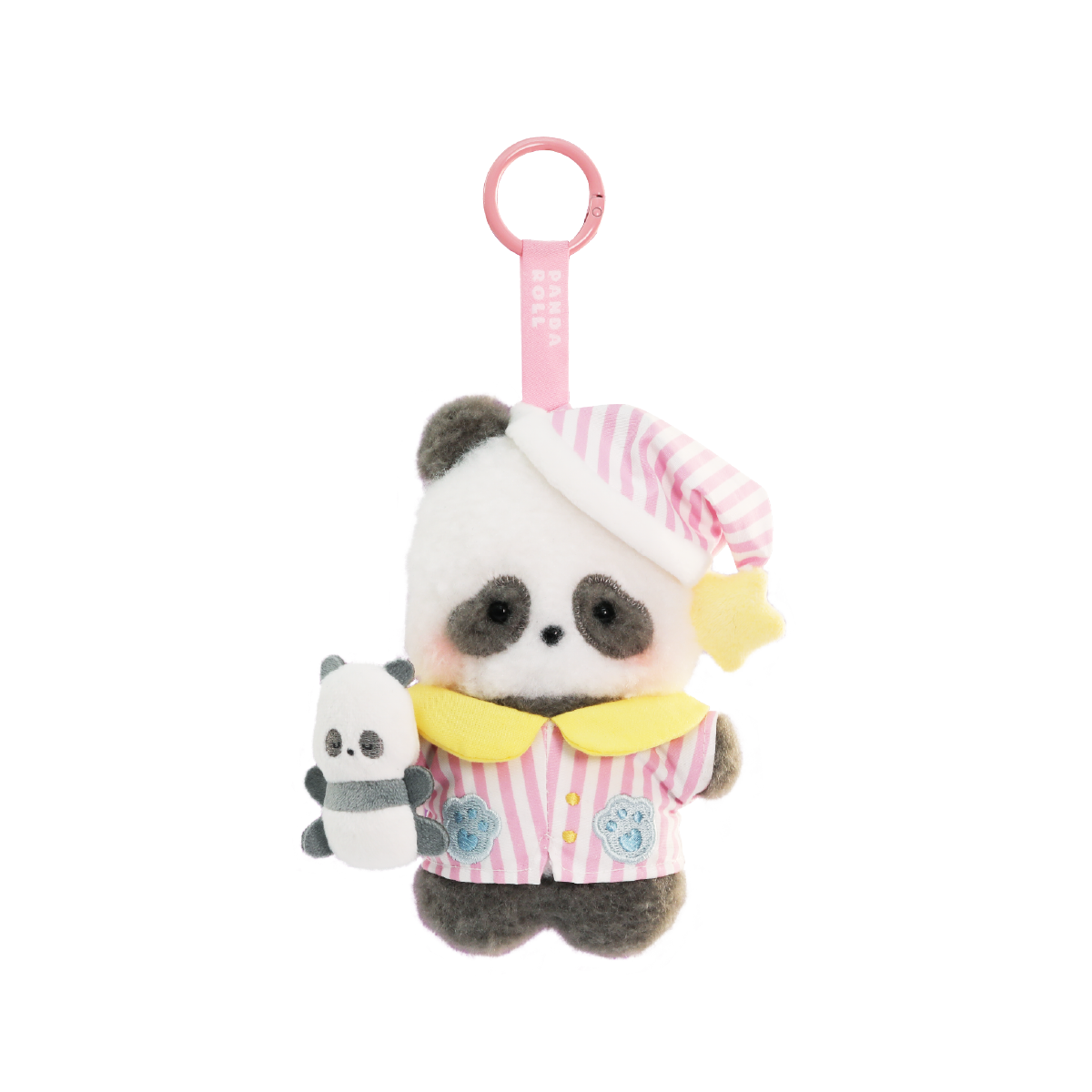 Panda Pajama plush charm in pink-striped pajamas and starry nightcap with a little panda doll, Panda Roll