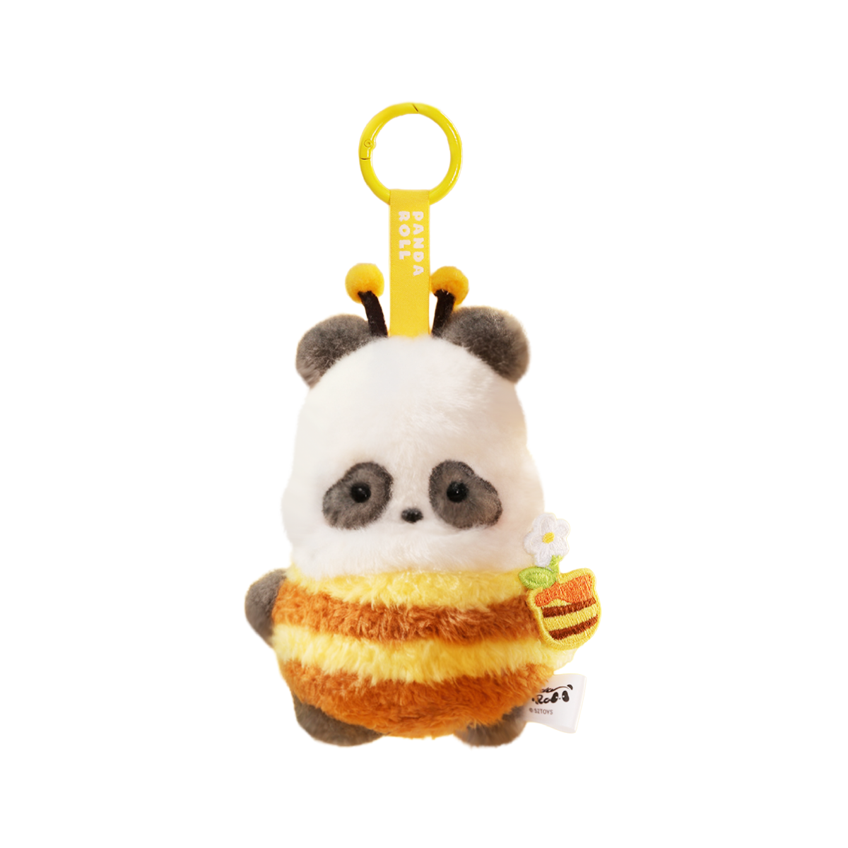 Panda Buzz plush charm in striped bee costume with antennae holding a honey pot and flower, Panda Roll