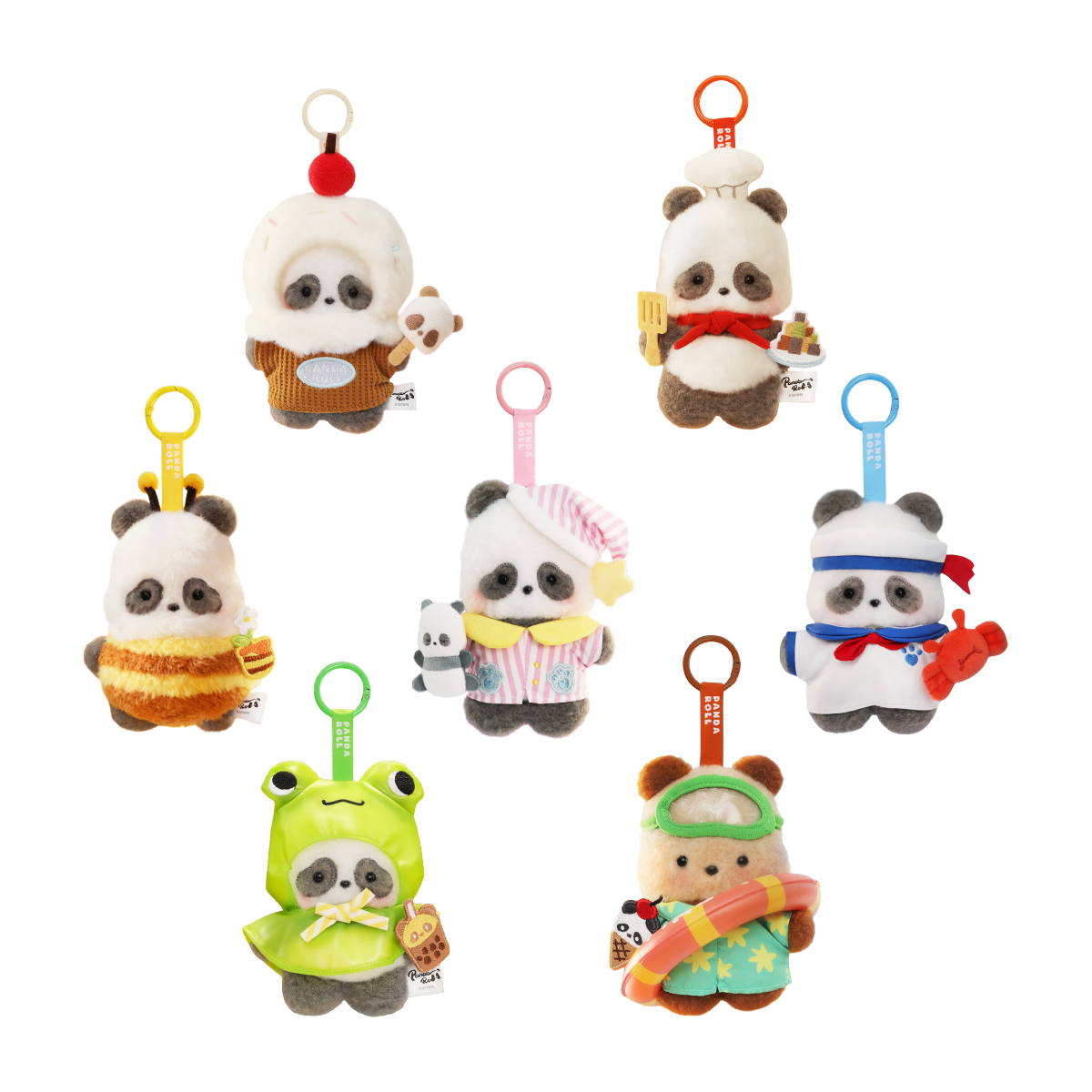 Full set of seven Panda Roll Happy Weekend plush keychain charms in cozy weekend costumes, blind box
