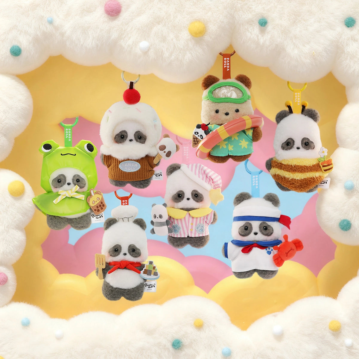 Seven Panda Roll Happy Weekend plush charms in chef, bee, frog and sailor looks on a fluffy display