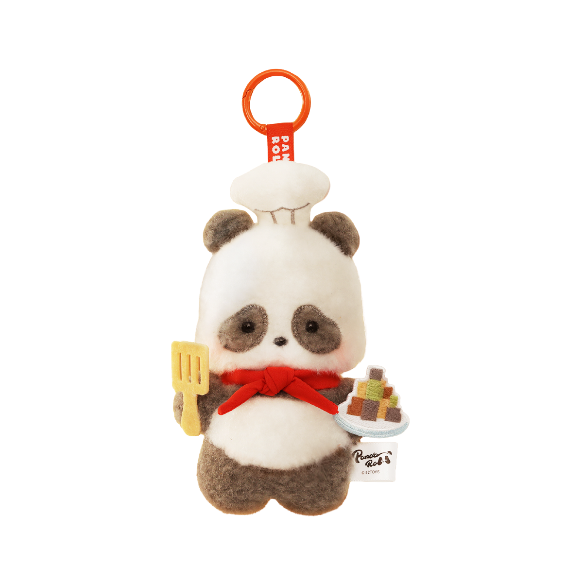 Panda Chef plush charm in white toque and red neckerchief holding a spatula and macarons, Panda Roll Happy Weekend by 52TOYS