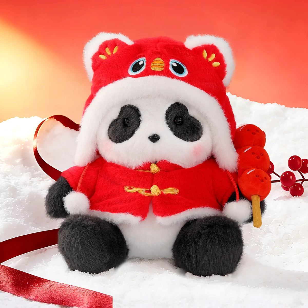 Panda Roll 幸運のフー祭りパンダ ぬいぐるみ 赤虎帽子で テープで雪にタングフルーを握っている