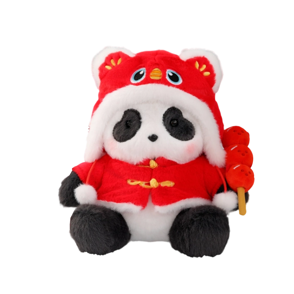 Panda Roll Lucky Fu plush in red tiger-head hat and Tang jacket holding candied hawthorn, by 52TOYS