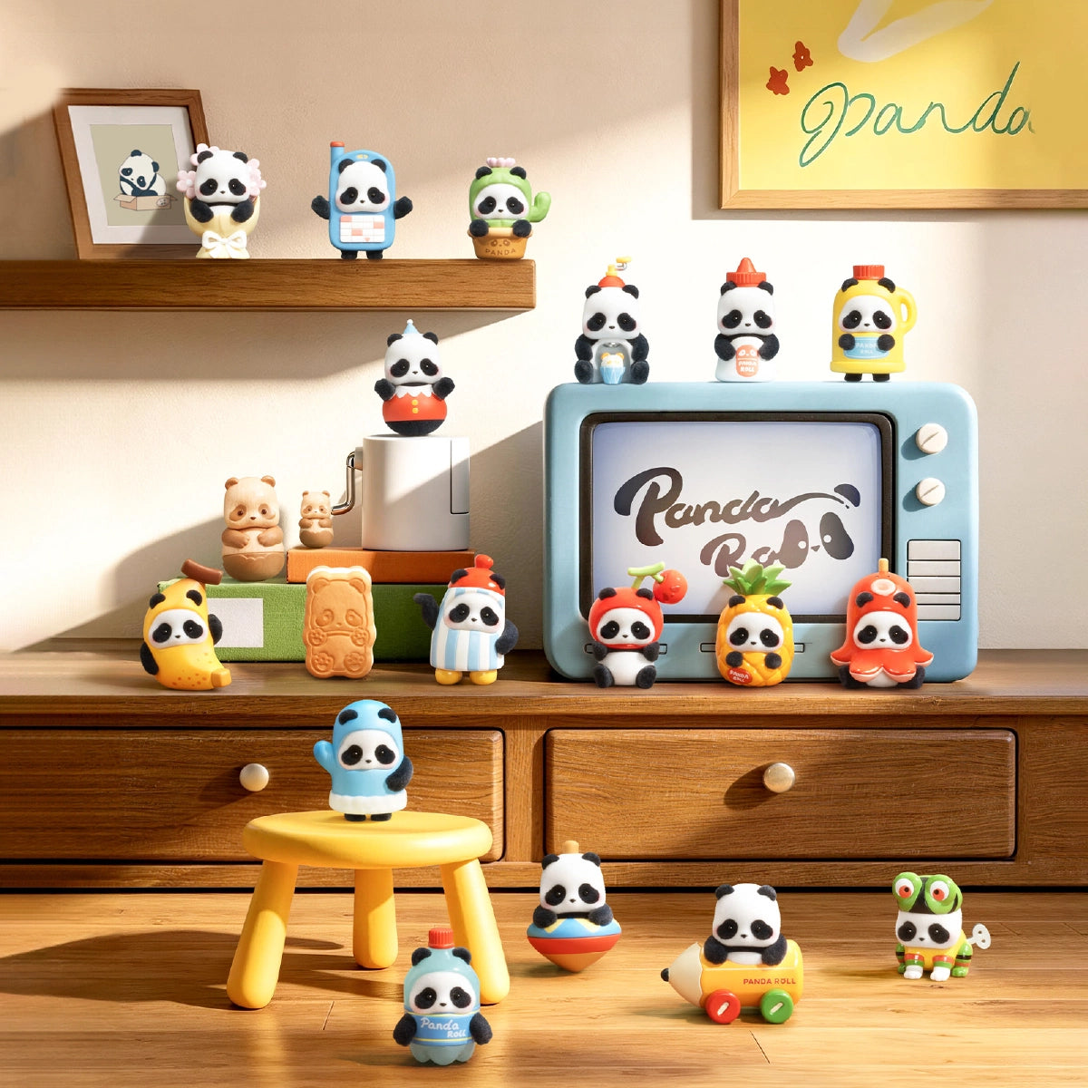 Twenty Panda Roll MiniMe Series 2 designs displayed on and around a retro television cabinet