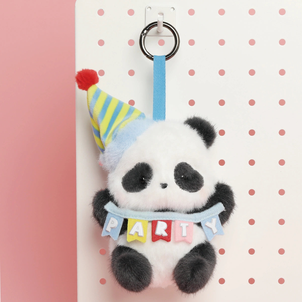 PARTY COLOR STRIPES panda plush keychain in a party hat with a PARTY banner, Panda Roll Party Series by 52TOYS