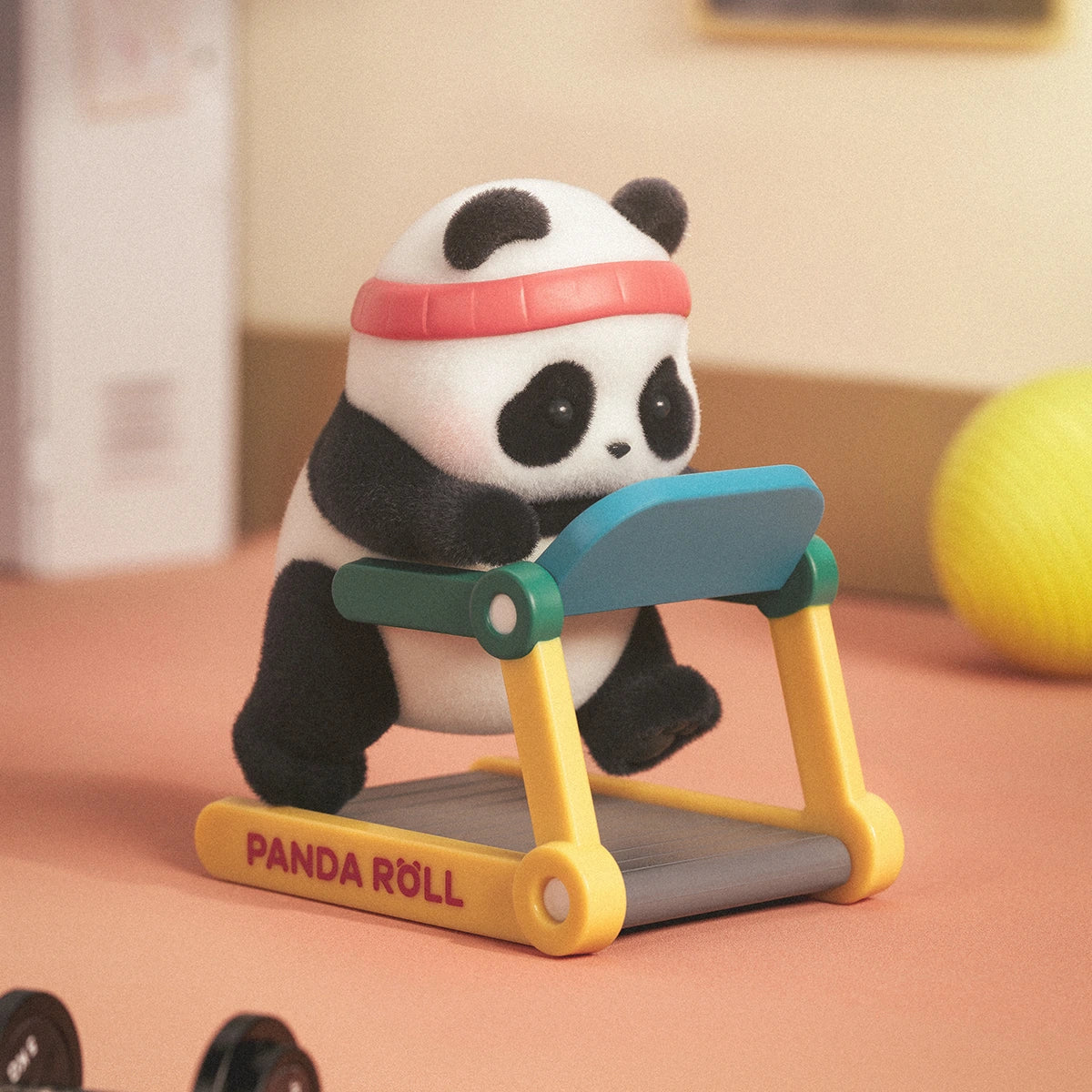 Fitness Plan figurine, red-headband panda on a yellow Panda Roll treadmill, Playful Journal