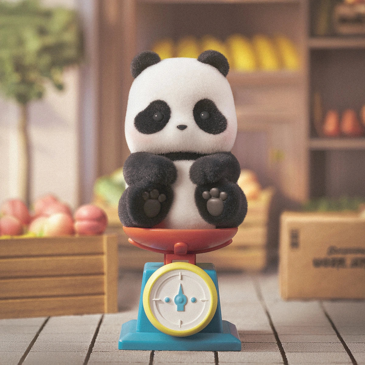 Overweight Panda figurine perched on a blue toy weighing scale at a grocery, Panda Roll Playful Journal