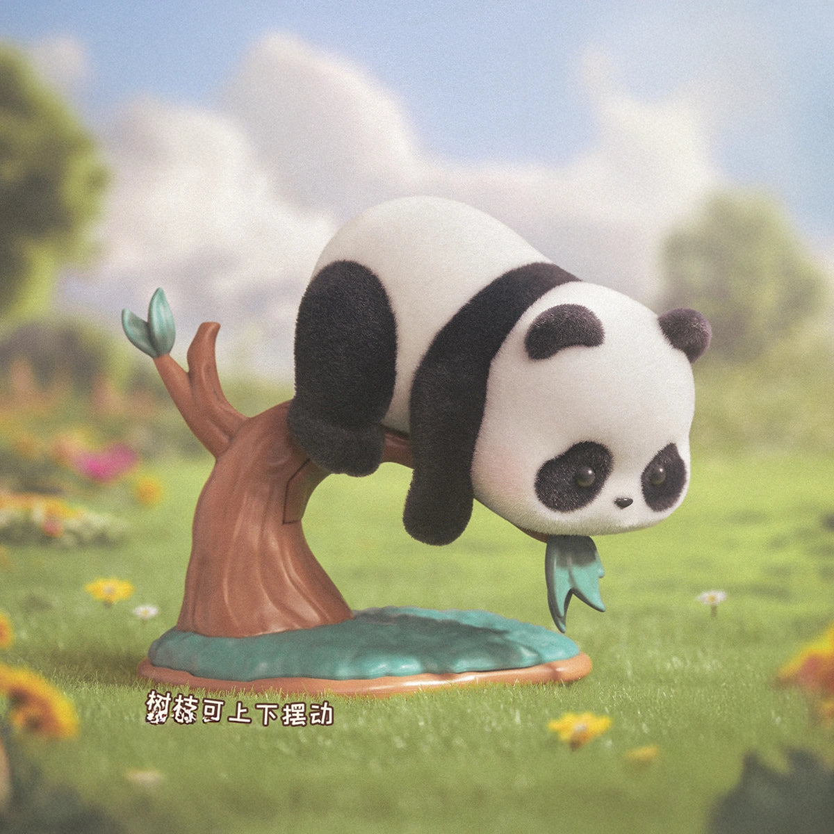 Panda On The Tree figurine draped over a brown stump reaching for a green bamboo leaf, Playful Journal