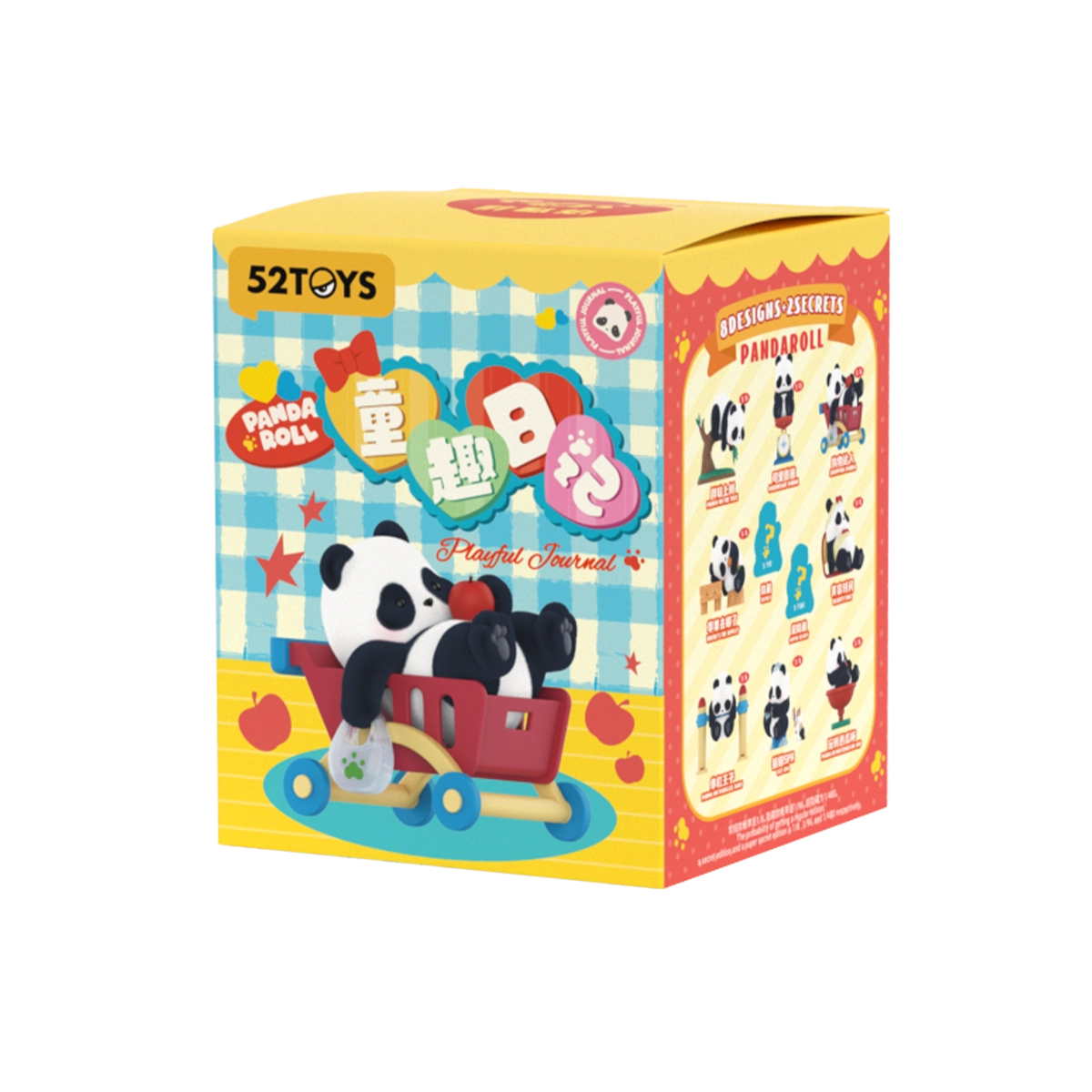 Panda Roll Playful Journal blind box packaging with shopping-cart panda artwork and figure lineup