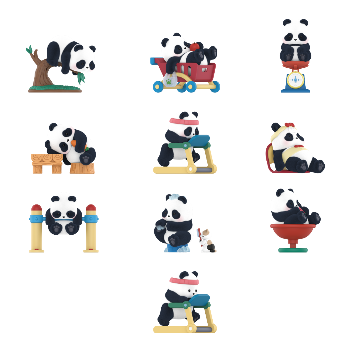 Flat-lay of all ten Panda Roll Playful Journal figurines exercising, shopping and bathing, blind box
