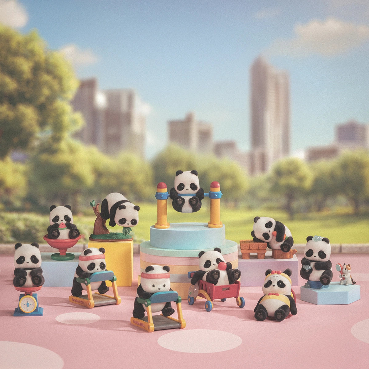 Full lineup of Panda Roll Playful Journal figures posed across a park diorama, blind box set