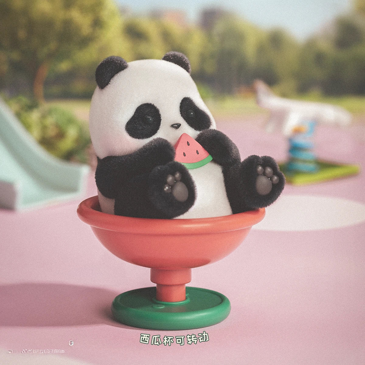 Panda In Watermelon Cup figurine in a red spinning cup ride eating watermelon at a playground, Playful Journal