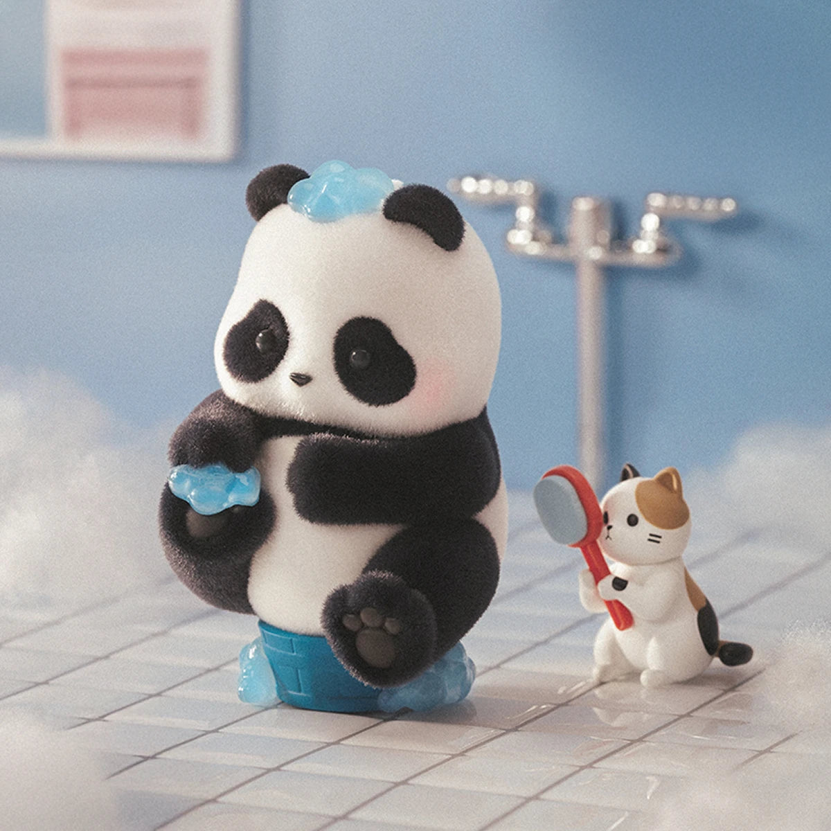 Cat Spa figurine, panda with blue bubble suds and a soap bar beside a calico cat with a brush, Playful Journal