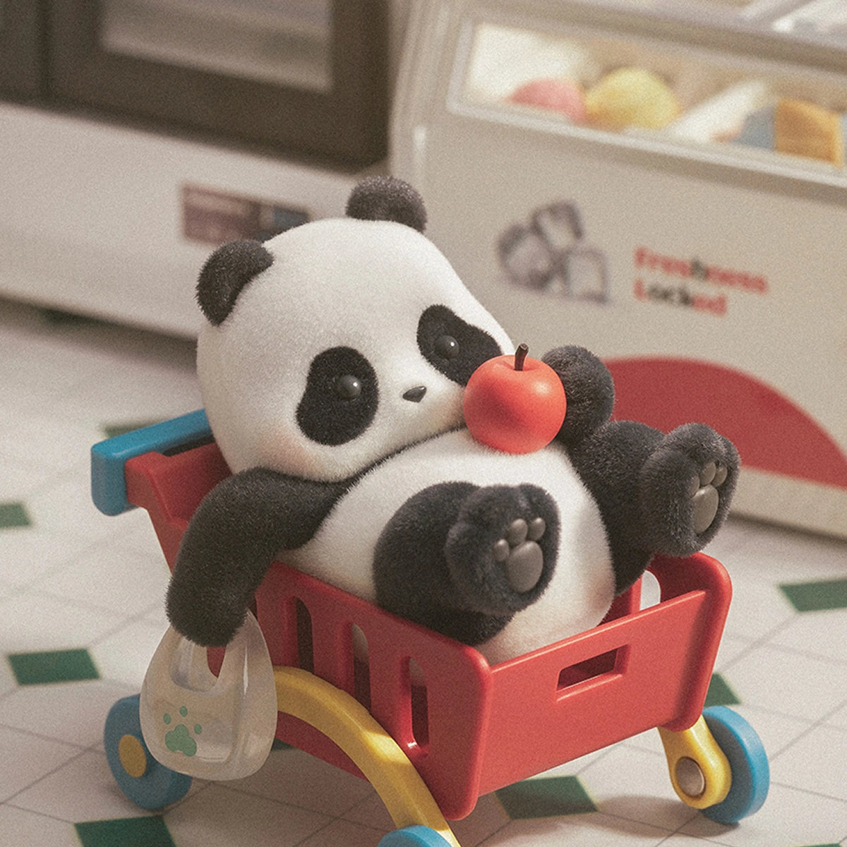 Shopping Panda figurine lying in a red wheeled cart holding a red apple, Panda Roll Playful Journal