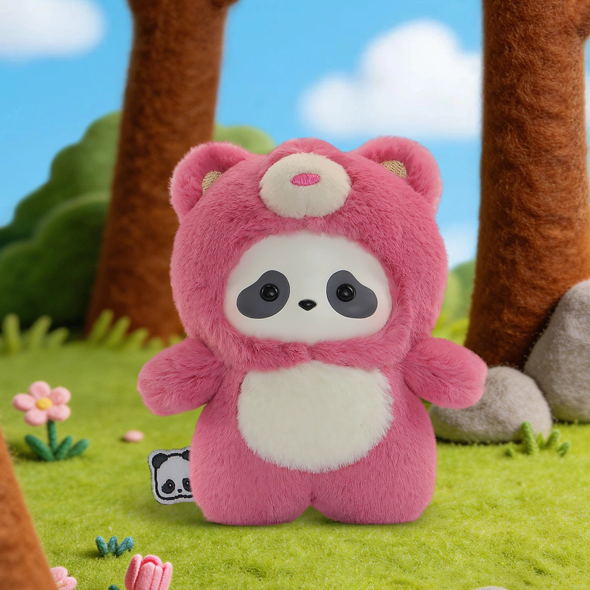 Honey Bear panda in a hot-pink fuzzy bear costume in the woods, Panda Roll The Zoo In Hands