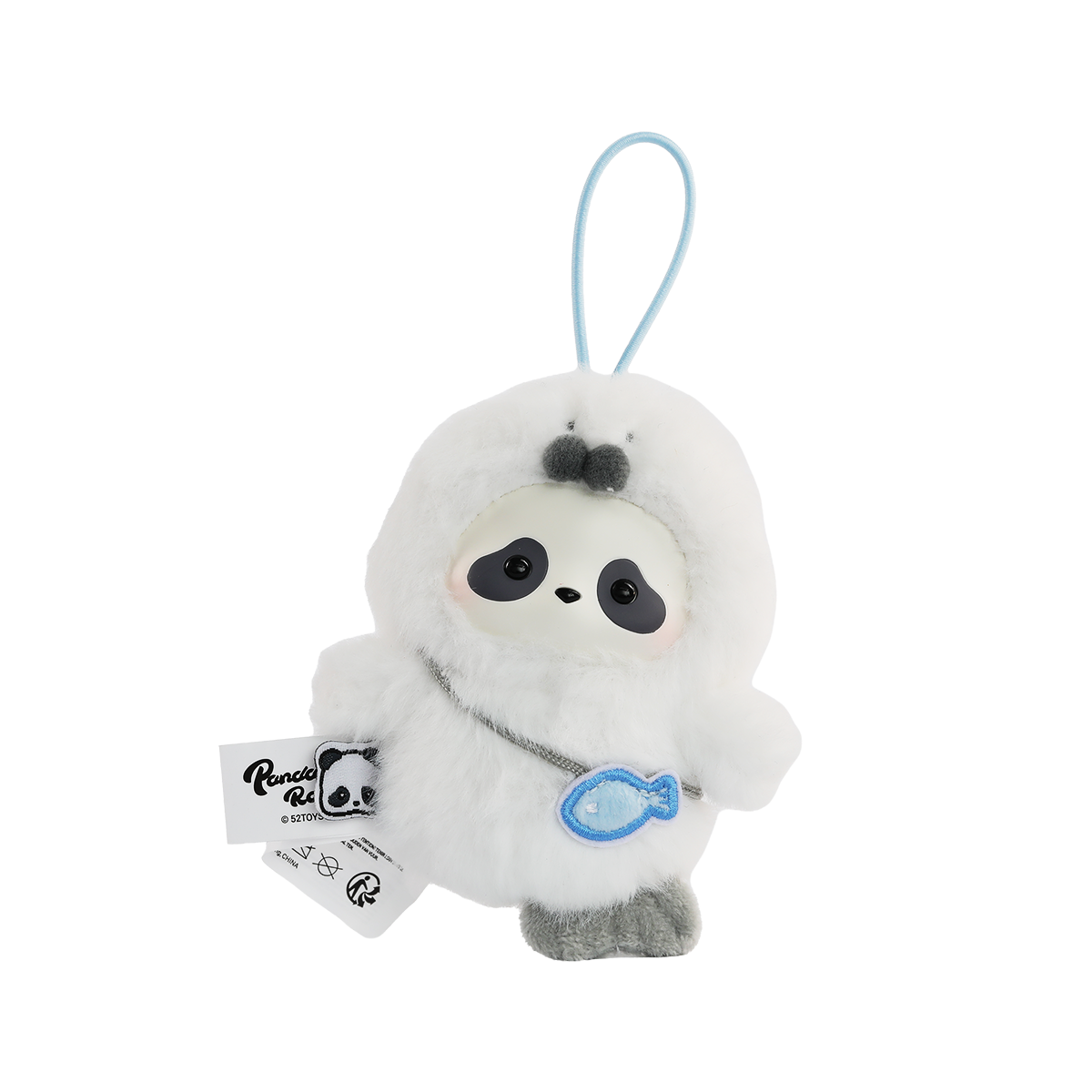 Snow Seal Pup secret panda in a white seal costume with blue fish bag, Panda Roll The Zoo In Hands