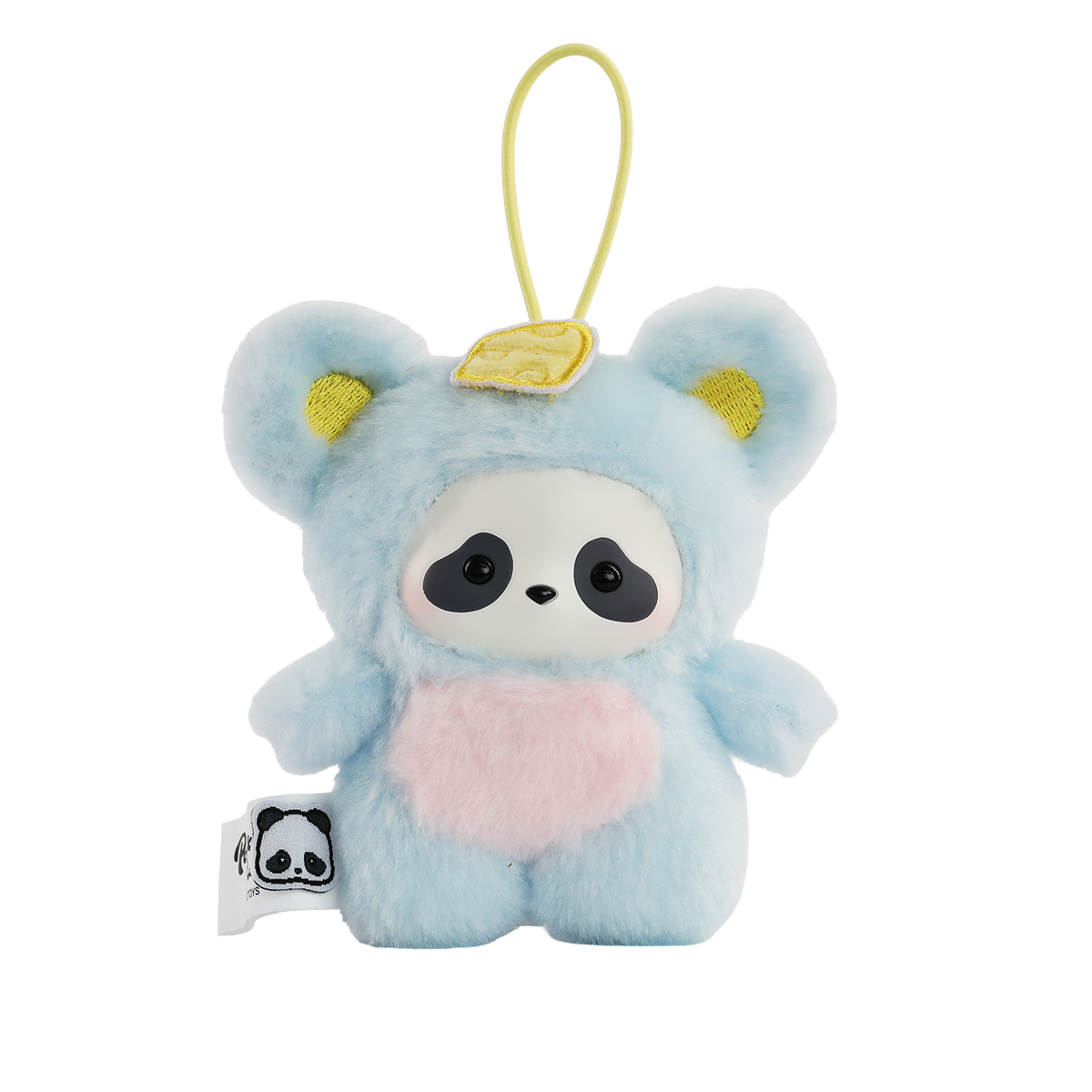 Cheese Chaser panda in a light-blue mouse costume keychain, Panda Roll The Zoo In Hands