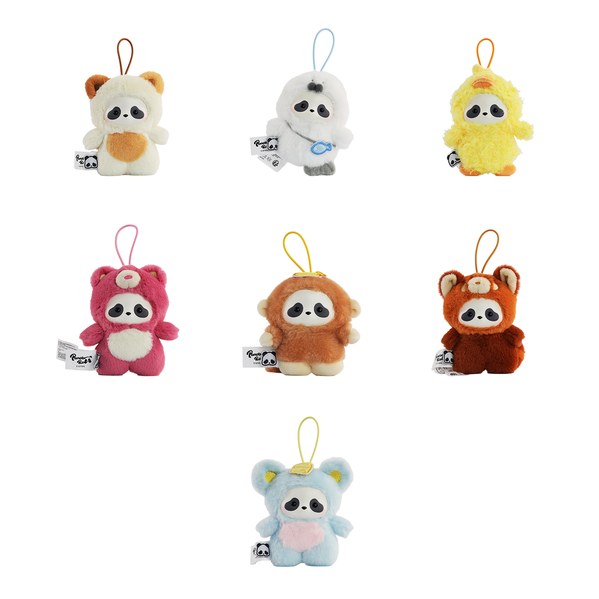 Full set of seven Panda Roll The Zoo In Hands plush keychains in animal costumes